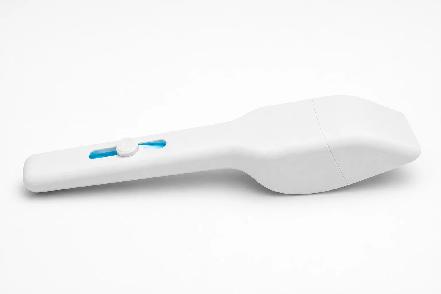 Accessoire blanc imprimé en 3D avec curseur bleu de réglage et forme ergonomique