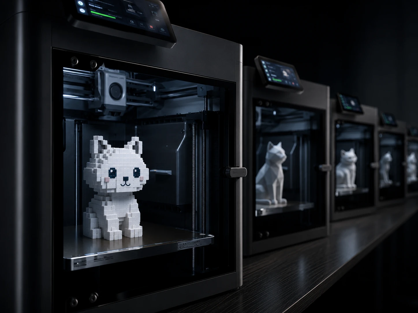 Trois imprimantes 3D de l'atelier CatLab présentant plusieurs créations