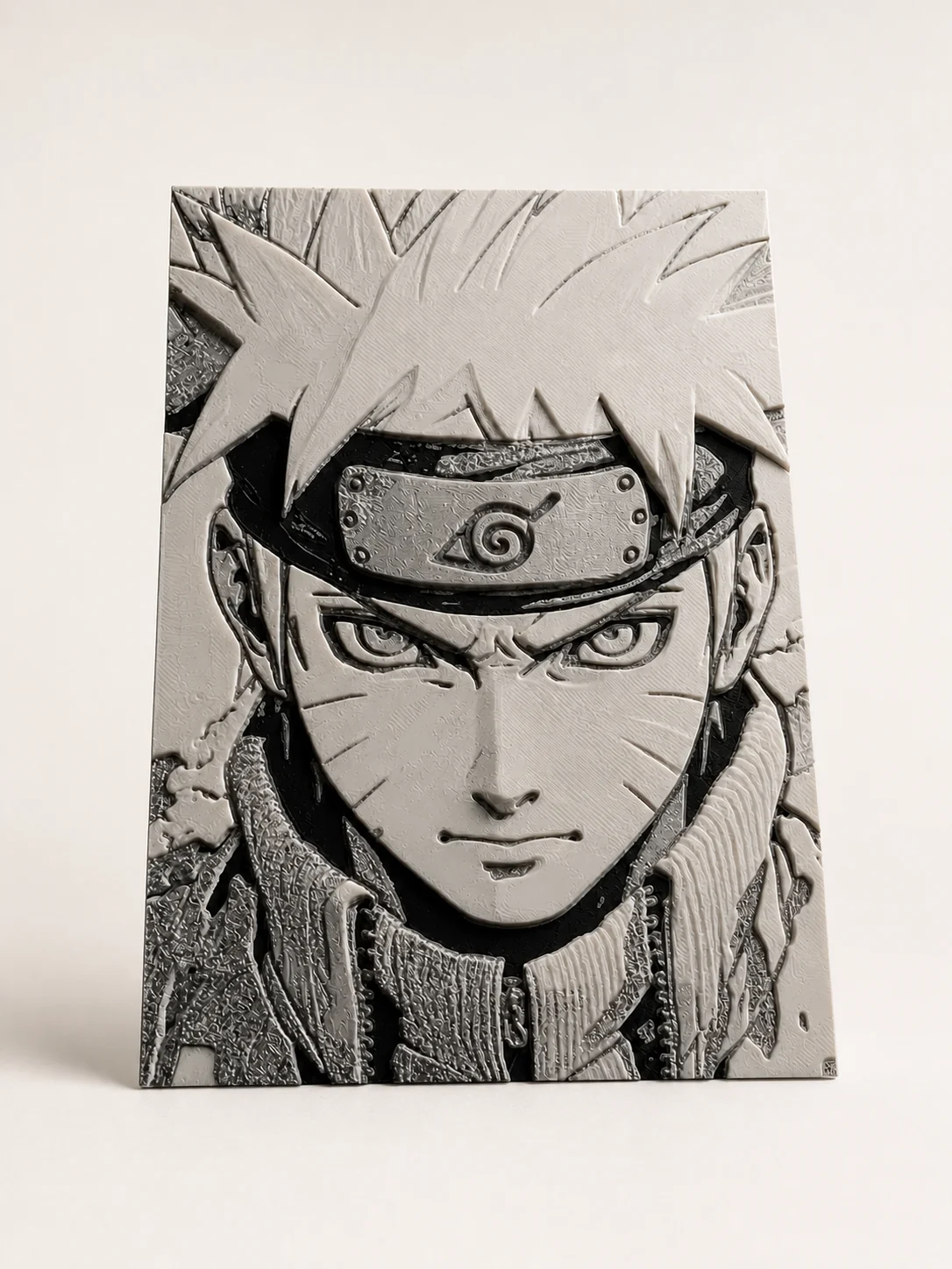 Cadre en relief 3D d'un visage de personnage de manga, monochrome, très détaillé