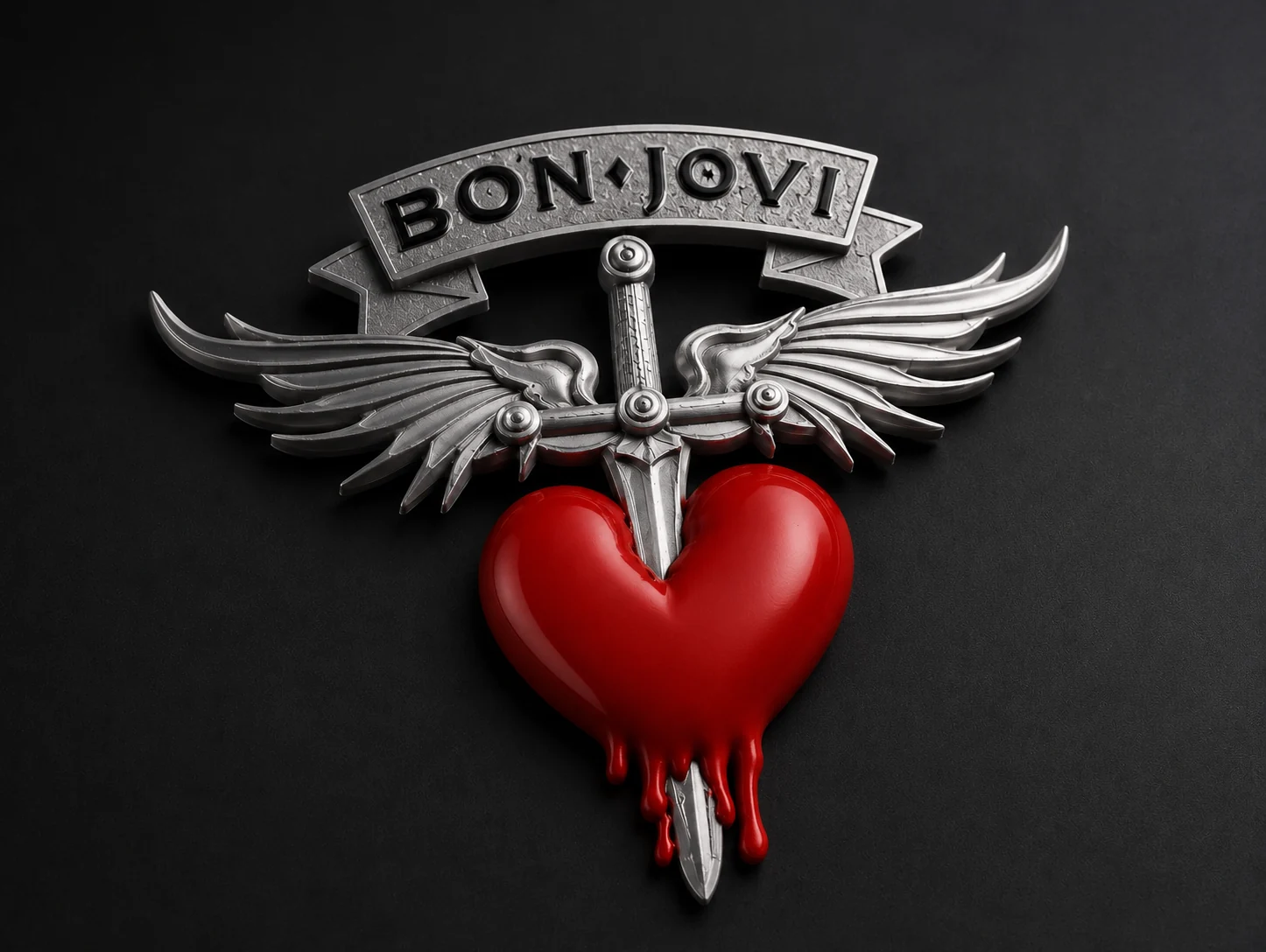 Enseigne Bon Jovi imprimée en 3D, cœur rouge, poignard argenté et ailes en relief