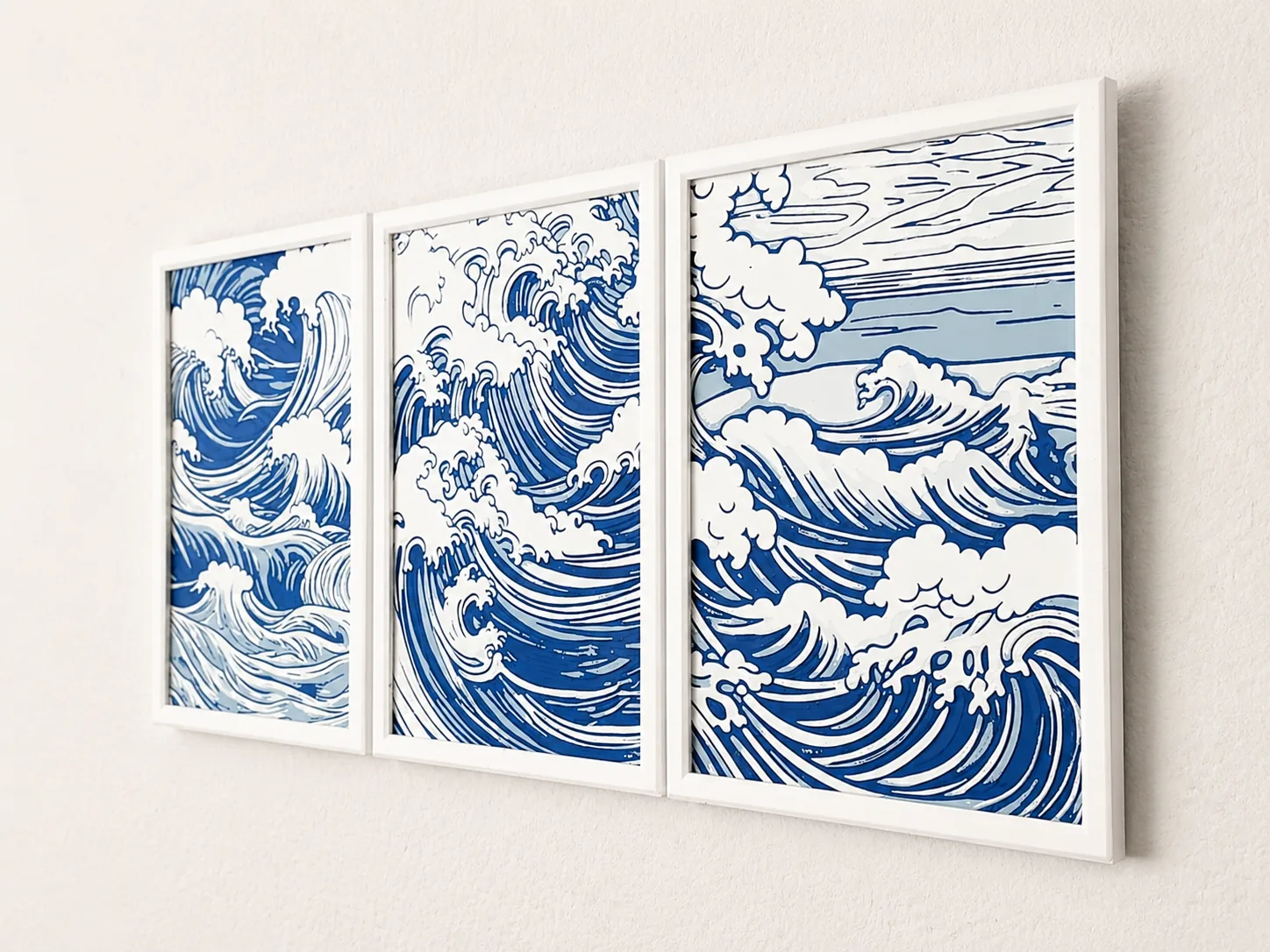 Triptyque mural de vagues japonaises en relief, imprimé en 3D, bleu et blanc, encadré